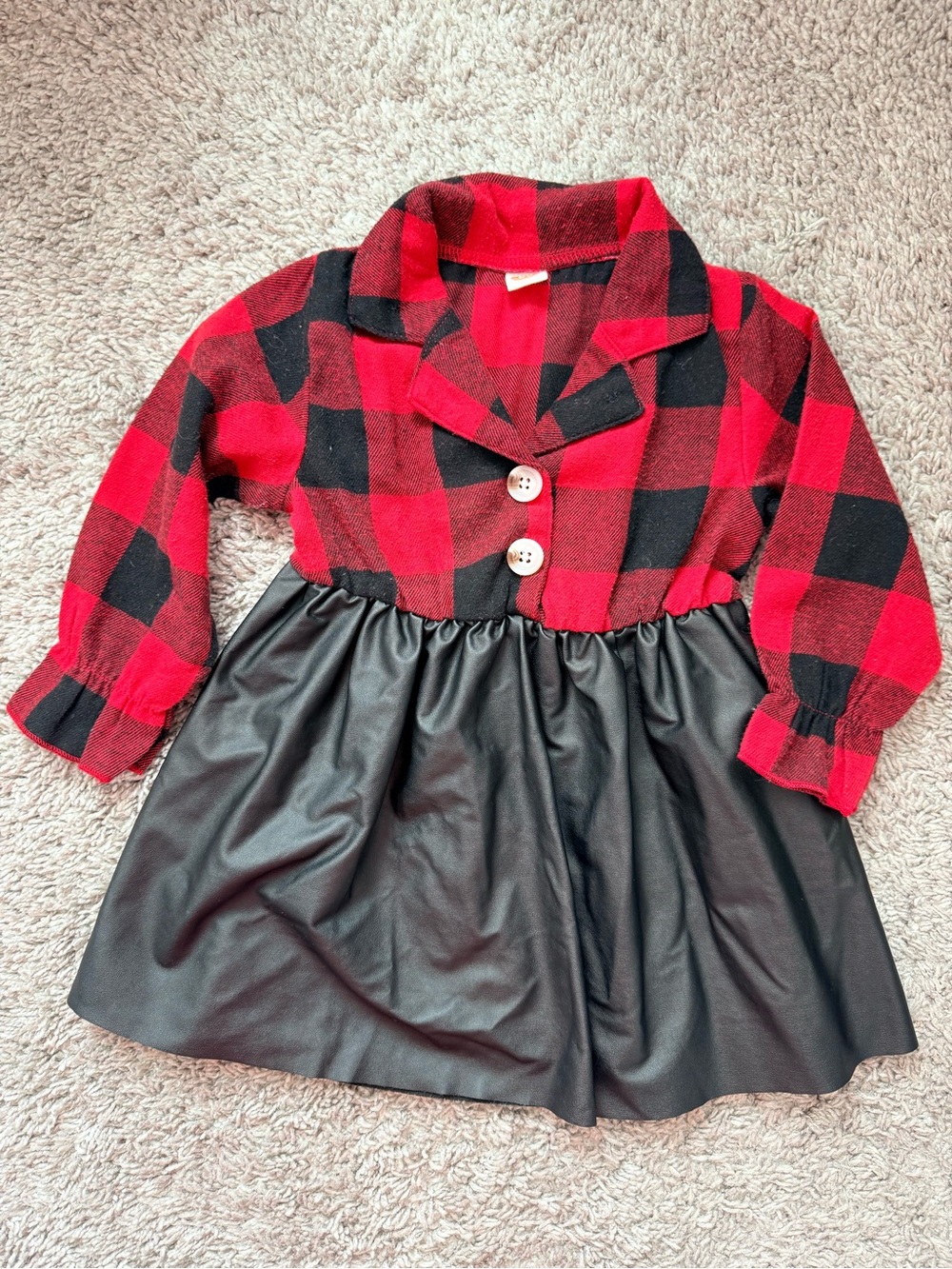 12-18m Red and Black Buffalo Plaid Top with Black Faux Leather Dress
